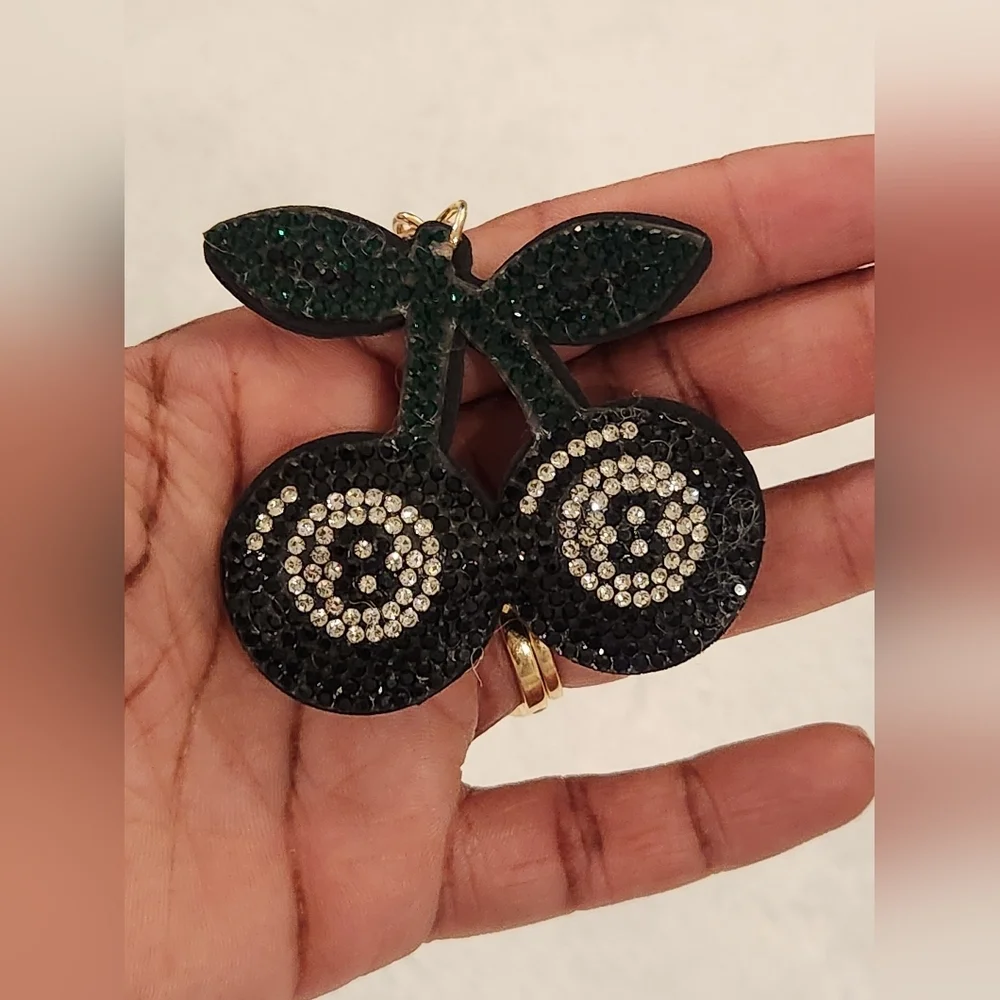 Black 8 Ball Cherries With Green Stem Keychain Bag Charm